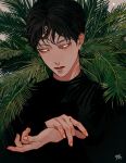  1boy absurdres black_hair black_shirt closed_mouth constricted_pupils fingernails highres kagoya1219 leaf long_sleeves looking_at_viewer male_focus original own_hands_together plant shirt short_hair signature solo upper_body very_short_hair white_eyes 