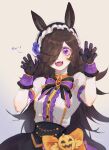  1girl animal_ears black_gloves brown_hair gloves hair_over_one_eye highres horse_ears horse_girl limozi_limozi long_hair looking_at_viewer official_alternate_costume open_mouth puffy_sleeves rice_shower_(make_up_vampire!)_(umamusume) rice_shower_(umamusume) short_sleeves solo umamusume violet_eyes 