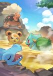  animal_focus blue_skin blue_sky blush bright_pupils bulbasaur claws closed_eyes clouds colored_skin commentary_request crocodilian green_skin hakkentai_pokedan highres no_humans on_rock onsen open_mouth outdoors pokemon pokemon_(creature) pokemon_mystery_dungeon pokemon_mystery_dungeon:_explorers_of_time/darkness/sky red_eyes sharp_teeth sky smile steam sunlight teddiursa teeth torkoal totodile white_pupils 