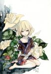  bare_legs blonde_hair flower mizuhashi_parsee pinkxxxna pointy_ears short_hair solo touhou traditional_media watercolor_(medium) 