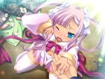  blush food game_cg holding_hands kneeling koihime_musou long_hair midriff navel pink_hair ribbon sonshoukou tears thigh-highs thighhighs torn_clothes twintails very_long_hair wink 