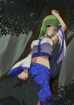  blue_eyes breasts detached_sleeves frog green_hair hair_ornament jpeg_artifacts kochiya_sanae long_hair rain sen1986 solo touhou tree 