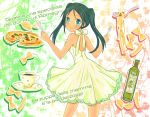  cup dress food fork francesca_lucchini green_eyes green_hair italian knife long_hair looking_back olive_oil pasta pizza spaghetti strike_witches teacup translated twintails yuni_(artist) 