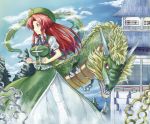  absurdres clenched_hands dragon eastern_dragon gin'ichi_(akacia) ginichi hat highres hong_meiling pants red_hair redhead ribbon sky touhou 