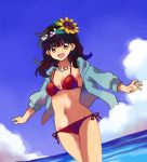  bikini black_hair brown_eyes flower hoodie jacket jewelry necklace o-ring_top open_clothes open_mouth open_shirt outstretched_arms shati shirt short_hair side-tie_bikini spread_arms sunflower swimsuit 