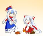  blush fire fujiwara_no_mokou gradient gradient_background hat kamishirasawa_keine kazeha_(starrysky) long_hair multiple_girls o_o scarf smile touhou tree_stump 