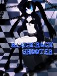  bikini_top black_hair black_rock_shooter black_rock_shooter_(character) blue_eyes chain checkered glowing glowing_eyes kohaku. long_hair shorts star twintails 