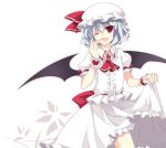  blue_hair fang finger_to_mouth hat red_eyes remilia_scarlet short_hair skirt skirt_lift solo takase_kanan touhou wings wink 