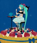  aqua_hair bare_shoulders berries blueberry bow bracelet chair choker closed_eyes cup detached_sleeves dress eating food fruit hatsune_miku high_heels in_food jewelry l_hakase long_hair open_mouth raspberry shoes sitting solo strawberry sweets table tart_(food) teacup teapot thigh-highs thighhighs twintails very_long_hair vocaloid zettai_ryouiki 
