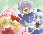  3girls :&lt; :d aenobas blonde_hair blue_eyes blue_hair bow cirno closed_eyes crossed_arms hat letty_whiterock lily_white multiple_girls open_mouth purple_hair short_hair smile touhou yellow_eyes 