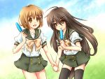  brown_eyes brown_hair holding_hands piku popsicle school_uniform shakugan_no_shana shana short_hair thigh-highs thighhighs yoshida_kazumi 