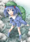  backpack bag blue_eyes blue_hair blush bon bon_(artist) boots feet_in_water from_above hair_bobbles hair_ornament hat kawashiro_nitori key legs open_mouth perspective river rock rubber_boots short_hair shorts smile solo touhou twintails wading water 