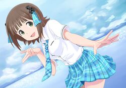  bow brown_hair green_eyes hair_ribbon idolmaster issei jpeg_artifacts necktie ocean plaid plaid_skirt ribbon rough_time_school school_uniform skirt smile tartan 