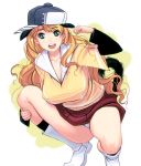  baseball_cap blonde_hair blue_eyes boots breasts cleavage hat large_breasts legs long_hair masao open_mouth panties pantyshot skirt smile solo squatting tail taut_shirt underwear very_long_hair white_panties 