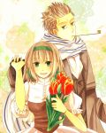  belgium_(hetalia) blonde_hair bouquet breasts brother_and_sister coat dress flower gloves green_eyes hair_ribbon hairband holding_hands kiseru netherlands_(hetalia) pipe ponshiru ribbon scar scarf siblings striped striped_scarf tulip 