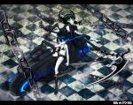  bikini_top black_hair black_rock_shooter black_rock_shooter_(character) blue_eyes boots chain dead_master glowing glowing_eyes green_eyes highres long_hair midriff motor_vehicle motorcycle navel nikerabi pale_skin scar scythe shorts smile sword twintails vehicle weapon 