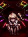  blonde_hair evil_grin evil_smile fingernails flandre_scarlet glowing grin hiroya_juuren long_fingernails nail_polish no_hat no_headwear red_eyes sharp_teeth side_ponytail smile squatting stare touhou veins wings 