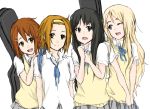  akiyama_mio bag black_eyes black_hair blonde_hair blue_eyes brown_hair hair_ornament hairband hairclip hand_on_shoulder hirasawa_yui instrument_case k-on! kotobuki_tsumugi long_hair miyo_(aenmix) multiple_girls open_mouth pleated_skirt ribbon school_uniform short_hair simple_background skirt smile tainaka_ritsu vest wink 