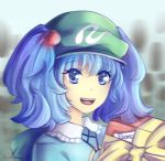  1girl :d anny-tta blue_eyes blue_hair box gift gift_box hair_bobbles hair_ornament hat kawashiro_nitori looking_at_viewer open_mouth short_twintails signature smile solo touhou twintails 