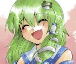  aenobas blush closed_eyes detached_sleeves frog green_hair hair_ornament kochiya_sanae long_hair open_mouth snake solo touhou 