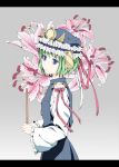  blue_eyes flower frills gradient gradient_background green_hair grey_background hat letterboxed lily_(flower) oumi_(rsag) rod_of_remorse ryomo shikieiki_yamaxanadu short_hair simple_background solo touhou wide_sleeves 