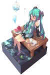  aqua_hair arm_support barefoot cat closed_eyes detached_sleeves dock feet_in_water food frog fruit hatsune_miku headphones headset highres isometric necktie roke shade simple_background sitting skirt soaking_feet solo summer twintails vocaloid water watermelon wind_chime 
