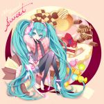  aqua_hair barefoot bridal_gauntlets cake candy checkerboard_cookie chocolate cookie food fruit hatsune_miku hatsune_miku_(append) long_hair macaron miku_append pantyhose pastry pillow pillow_hug r/k strawberry sweets twintails very_long_hair vocaloid vocaloid_append 