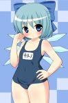  bad_id blue_eyes blue_hair bow character_name cirno hair_bow kyokutou_hentai_samurai name_tag one-piece_swimsuit school_swimsuit short_hair solo swimsuit touhou translated wings 