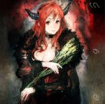  1girl album_cover breasts choker cleavage cover demon_horns dress fake_horns fur_trim highres holding horns lips long_hair looking_at_viewer maou_(maoyuu) maoyuu_maou_yuusha official_art red_eyes redhead smile solo toi8 wheat 