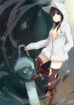  black_hair blue_eyes boots breasts cat_hood cathood chainsaw cleavage dust hand_in_pocket haruken highres hood hoodie long_hair no_bra open_clothes open_jacket original solo thigh-highs thighhighs torn_clothes torn_thighhighs unzipped 