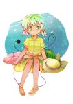  bubble eyebrows flower green_eyes green_hair hair_ornament hairclip hat hat_removed headwear_removed heart heart_of_string highres komeiji_koishi sacha sandals short_hair short_twintails sitting skirt smile solo symbol-shaped_pupils touhou twintails 