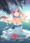  1girl :d animal_ears armpits blue_hair bracelet breasts choker cleavage cloud dj_max_portable dress dress_lift flower h2so4 jewelry leaf long_hair no_bra open_mouth outdoors outstretched_arm outstretched_hand petals red_eyes sideboob sky smile solo standing suee wading water wet wet_clothes wet_hair 