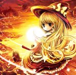  blonde_hair bow broom broom_riding catbell cloud clouds hat highres kirisame_marisa long_hair looking_back sky smile star sunset touhou witch_hat yellow yellow_eyes 