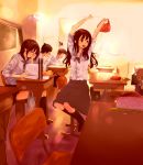  arms_up brown_hair chin_rest classroom derivative_work glasses long_hair open_mouth original outstretched_arms peeking school_uniform sepia short_hair sitting skirt stretch sunlight tsukino_hp window 