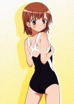 blush brown_eyes brown_hair competition_swimsuit from_behind hair_ornament hairclip halftone halftone_background hands_on_own_chest highres looking_back misaka_mikoto one-piece_swimsuit short_hair swimsuit takamin_apaman to_aru_kagaku_no_railgun to_aru_majutsu_no_index 
