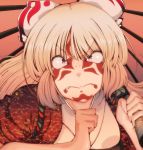  angry bow cream_(artist) cream_(nipakupa) face_paint facepaint fujiwara_no_mokou hair_bow long_hair oriental_umbrella parasol red_eyes silver_hair solo touhou umbrella 