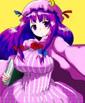  book crescent foreshortening frown han_(jackpot) hat highres patchouli_knowledge purple_hair ribbon solo touhou violet_eyes 