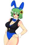  bad_id bare_legs breasts bunny_ears bunny_girl bunnysuit cleavage flower green_hair huge_breasts kazami_yuuka kyokutou_hentai_samurai red_eyes short_hair smile solo sunflower thick_thighs thighs touhou 