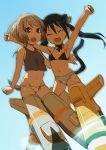  6066 :3 :d \o/ animal_ears armpits arms_up bad_id bikini_top black_hair blonde_hair choker closed_eyes crop_top erica_hartmann francesca_lucchini midriff mound_of_venus multiple_girls navel open_mouth outstretched_arms panties short_hair smile strike_witches striker_unit striker_units striped striped_panties tail twintails underwear 
