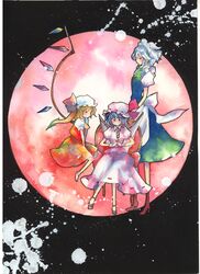  flandre_scarlet full_moon izayoi_sakuya maid moon multiple_girls red_moon remilia_scarlet sitting touhou traditional_media tsuru watercolor_(medium) wings 