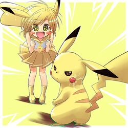  1girl blonde_hair blush_stickers electricity leaning_forward lowres midriff moemon personification pikachu pleated_skirt pokemon pokemon_(creature) pokemon_(game) pokemon_rgby school_uniform serafuku sexual_dimorphism skirt smile sparkle tail tenjou_ryuka yellow_eyes 