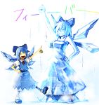  :d blue_hair bow cirno closed_eyes hair_bow hand_on_hip holysnow ice open_mouth pointing saturday_night_fever short_hair smile solo statue touhou wings 