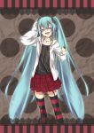  aqua_hair bad_id bespectacled closed_eyes digital_media_player garter_straps garters glasses hatsune_miku headphones headset highres jewelry kagura_(c_h_r_o_e) kocchi_muite_baby_(vocaloid) long_hair mp3_player necklace open_mouth project_diva project_diva_2nd skirt solo striped striped_legwear striped_thighhighs thigh-highs thighhighs twintails very_long_hair vocaloid 