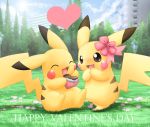  brown_eyes building chocolate clothed_pokemon cloud clouds couple english field flower gift grass green_background hair_flower hair_ornament hair_ribbon heart holding holding_gift no_humans open_mouth pemyu pikachu pokemon pokemon_(creature) ribbon sexual_dimorphism sky tail tree valentine 