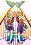 bad_id barefoot blonde_hair brother_and_sister butterfly_net hair_ornament hair_ribbon hairclip hand_net hat highres kagamine_len kagamine_rin open_mouth ribbon short_hair shorts siblings straw_hat supaidaman tank_top twins vocaloid 