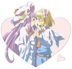  2girls alice_margatroid arnest blonde_hair blue_eyes heart long_hair multiple_girls patchouli_knowledge purple_eyes purple_hair short_hair touhou yuri 