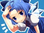  aro blue_eyes blue_hair bow cirno face forehead hair_bow hand_in_hair leaning_forward polka_dot polka_dot_background short_hair solo touhou wings 