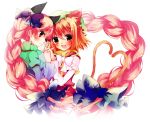  alternate_hairstyle animal_ears braid cat_ears cat_tail chen hair_ribbon hat heart heart_tail holding_hands kaenbyou_rin long_hair multiple_girls natsukiyuu ribbon short_hair tail touhou very_long_hair 