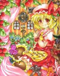  acrylic_paint_(medium) aenobas ascot blonde_hair blush bow candle cherry chocolate clock flandre_scarlet flower food fruit hat marker_(medium) purple_rose red_eyes red_rose ribbon rose short_hair side_ponytail solo strawberry touhou traditional_media wings 