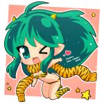  bikini chibi fangs green_eyes green_hair hahifuhe horns lum scarf star swimsuit tiger_print urusei_yatsura wink 